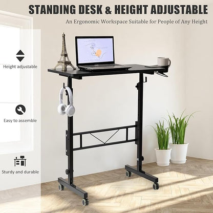 SIDUCAL Standing Desk Adjustable Height, Small Mobile Table with Wheels, Rolling Desk for Standing or Sitting, Portable Computer Desk for Walking Pad, Black
