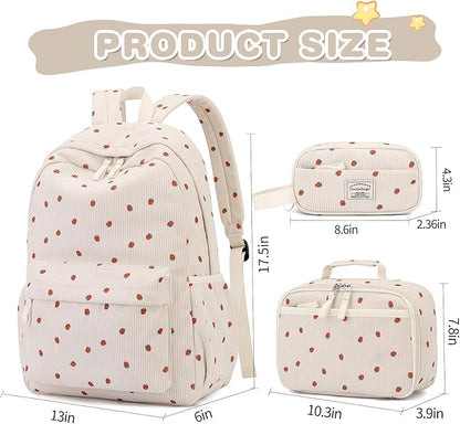 Backpack for Girls Boy Teen Corduroy Bookbags Elementary Middle High School Women Laptop Bag with Lunch Box Pencil Bag (Strawberry Beige)