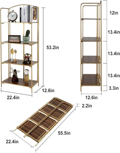 Crofy No Assembly Folding Bookshelf for Living Room, 4 Tier Gold Collapsible Book Shelf for Home Office, Portable Bookcase Storage Organizer