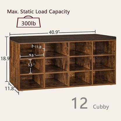 DINZI LVJ Shoe Storage Bench with Cushion, Cubby Shoe Rack with 12 Cubbies, Adjustable Shelves, Multifunctional Shoe Organizer Bench for Entryway, Mudroom, Hallway, Closet and Garage, Rustic Brown