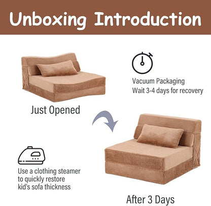 Tiita Convertible Folding Kids Sofa Bed with Pillow & Storage Bag, Plush Fabric Floor Mattress Couch Bed, Washable Cover, Kids Room, Playroom, Dorm, Apartment, Brown
