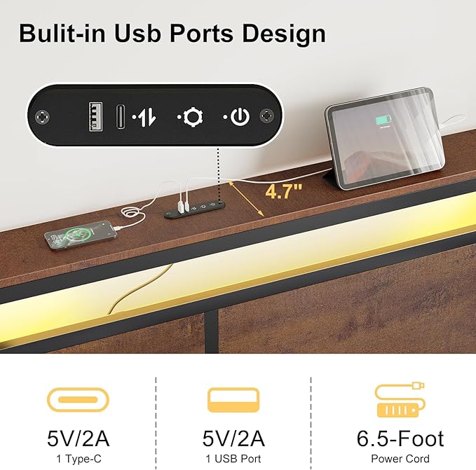 Full Bed Frame with Storage Headboard and 4 Drawers Bed Frame Full Size with Charging Station LED Lights Metal Platform Non-Slip Without Noise No Box Spring Needed