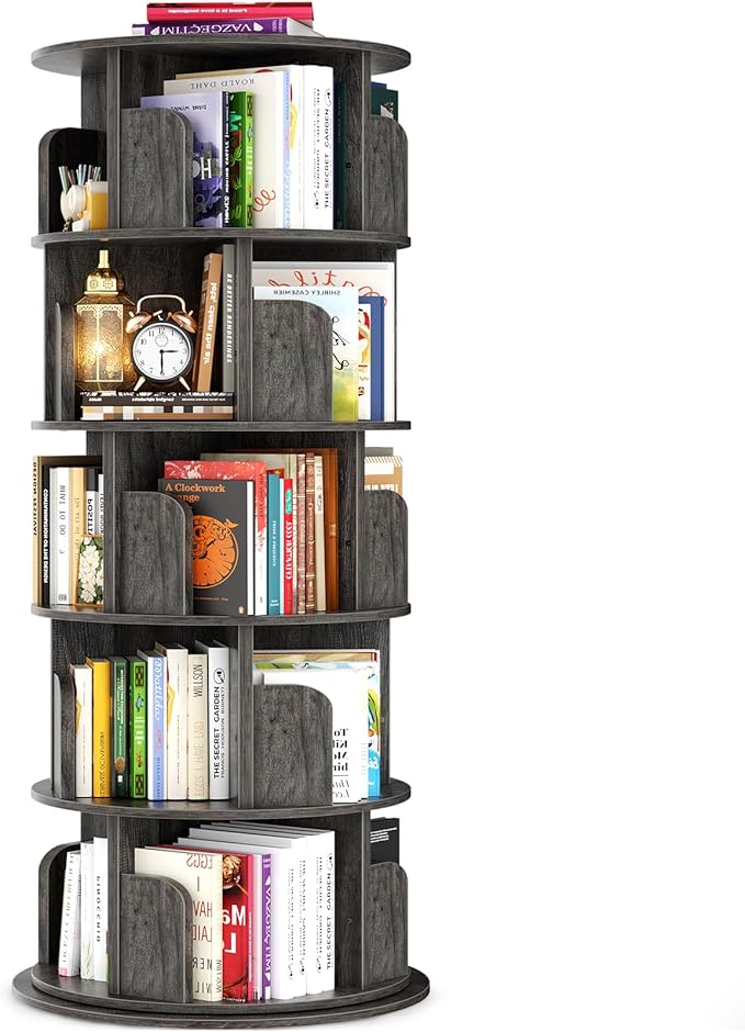 Rotating Bookshelf Tower, 5 Tier Spinning Bookcase, Revolving 360 Book Shelf Narrow Tall Bookcase, Vertical Turning Round Bookshelf Organizer, Wood Corner Book shelf for Small Space, Black Oak