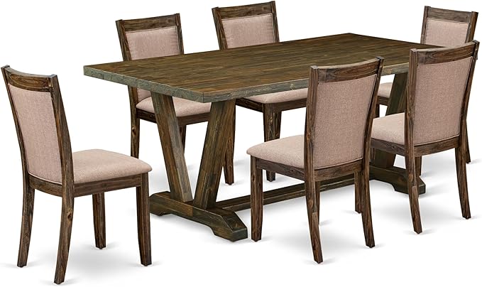 East West Furniture V777MZ716-7 7 Piece Dinette Set Consist of a Rectangle Dining Table with V-Legs and 6 Dark Khaki Linen Fabric Parson Dining Room Chairs, 40x72 Inch, Multi-Color