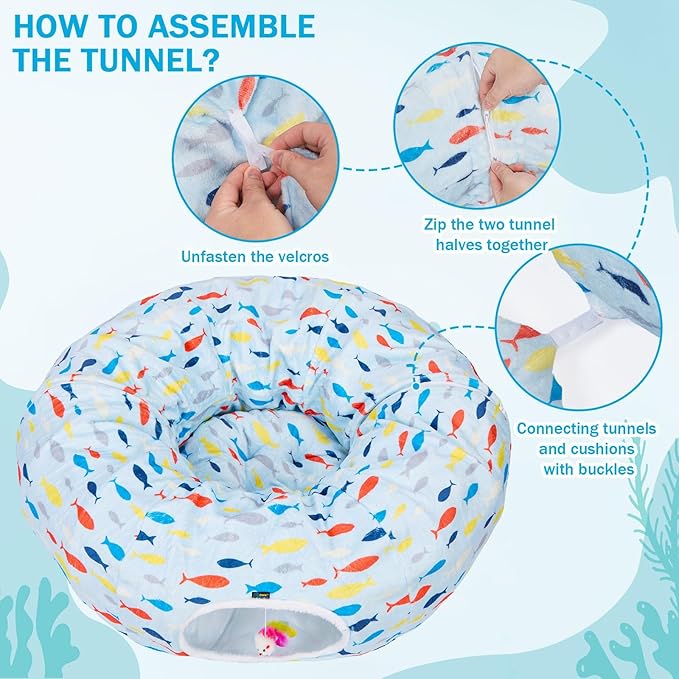 Ownpets Large Cat Tunnel Bed, Soft Plush Cat Donut Tunnel Bed with Washable Cushion, Peekaboo Cat Cave for Indoor Kitten, Puppy, Rabbit, Blue