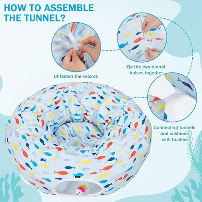 Ownpets Large Cat Tunnel Bed, Soft Plush Cat Donut Tunnel Bed with Washable Cushion, Peekaboo Cat Cave for Indoor Kitten, Puppy, Rabbit, Blue