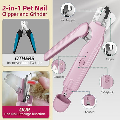 KWV 2 in 1 Cat Nail Clippers & Dog Nail Clippers Trimmers for Medium Small Dogs Cats Claw Trimmer Quick Sensor USB Rechargeable with 2 LED Lights Dogs Nail Trimmer (Pink-Not for Black Nails)