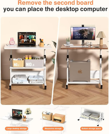 Portable Desk with Wheels Small Standing Desk on Wheels Adjustable Height Rolling Desks for Small Spaces, 32" Computer Desks with Storage Shelves for Home Office Study White