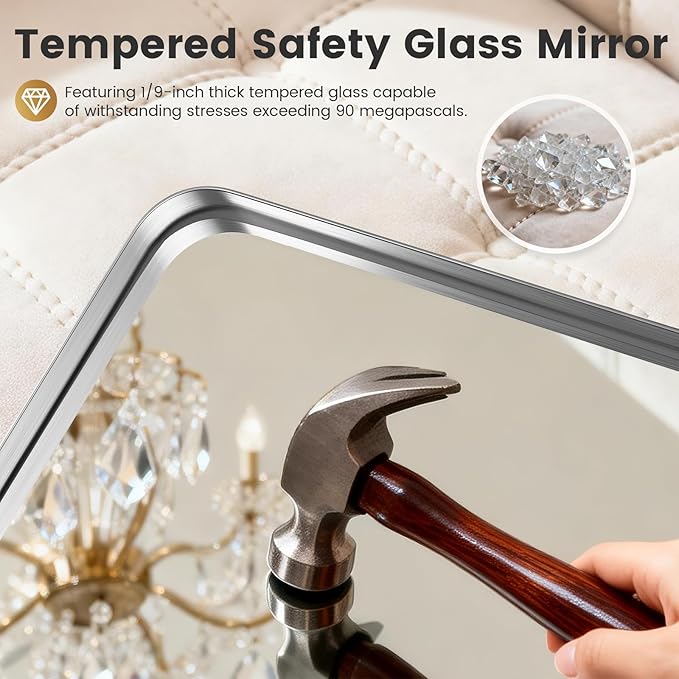 20" x 40" Large Brushed Nickel Bathroom Mirror for Wall, Large Mirrors for Spacious Rooms,Brushed Silver Metal Framed Mirror, Rounded Rectangle Silver Bathroom Mirrors, Tempered Glass