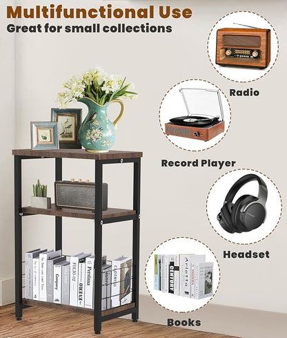 Record Player Stand, 3 Tier Side End Table with Vinyl Record Storage Basket, Turntable up to 100 Albums Record Shelf Display Holder Cabinet for Living Room, Bedroom, Office, Black