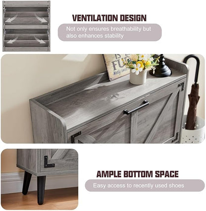 Shoe Storage Cabinet with 2 Flip Drawers, Farmhouse Hidden Shoe Organizer, Narrow Slim Shoe Rack Cabinet for Entryway Hallway,Washed Gray