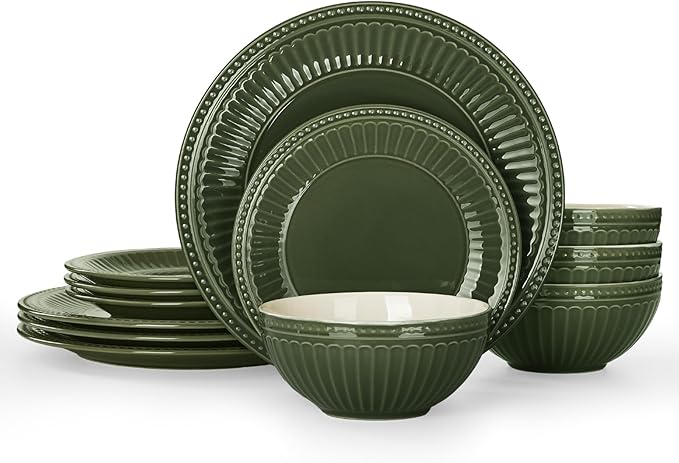 Famiware Garden Plates and Bowls Set, 12-Piece Dishes Set for 4, Scratch Resistant Kitchen Dishes Dinnerware Set - Microwave and Dishwasher Safe, Reactive Glaze and Embossed Stoneware, Dark Green