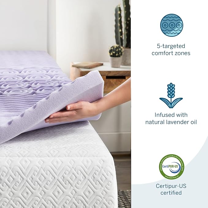 Lucid Lavender Infused 2 Inch Memory Foam Mattress Topper - Twin Size - Plush Feel - 5 Convoluted Zones - CertiPUR Certified - New Home Owner & Dorm Room Essentials
