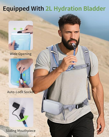 ECOHUB Hydration Backpack for Men Women, 20L Lightweight Hiking Daypack Cycling Backpack with 2L Water Bladder, Insulated Hydration Pack with Waist Pack