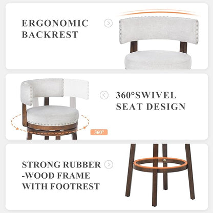 COLAMY Swivel Bar Stool, Swivel Bar Height Bar Stool, Modern Swivel Barstool with Back, Upholstered Wood Barstool for Kitchen Island Dining Room Bar, Beige, FM-4840-30-Beige-F