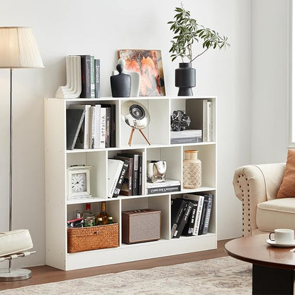 YAHARBO White 10 Cube Bookshelf,3 Tier Modern Horizontal Bookcase,Wooden Low Book Shelf Display Storage Cabinet with Base,Floor Standing Short Bookshelves Open Organizer for Bedroom,Living Room,Office