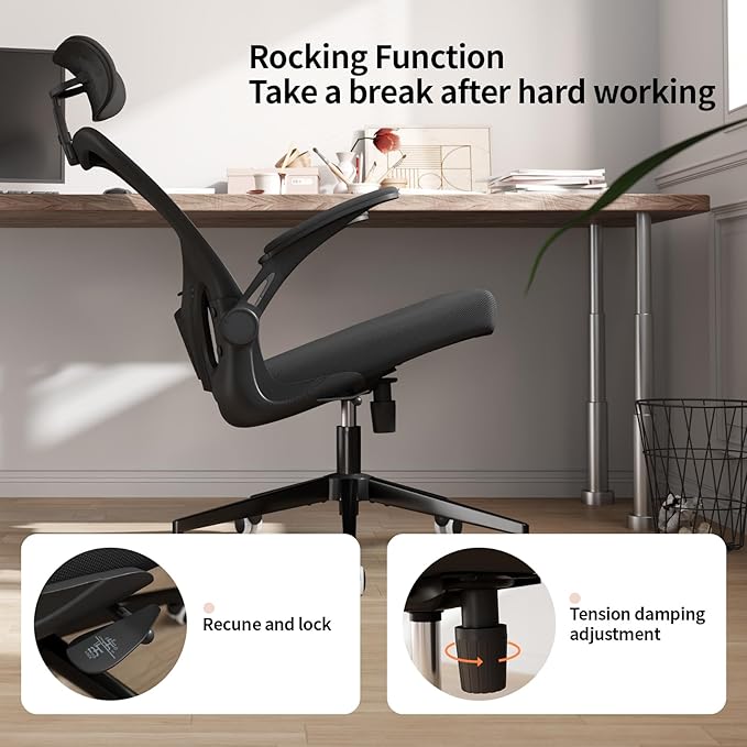 Monhey Office Chair Ergonomic Desk Chair with Lumbar Support&Headrest&Flip-up Arms Height Adjustable Rocking Swivel High Back Computer Chair Black Mesh Study Chair (03All Black)