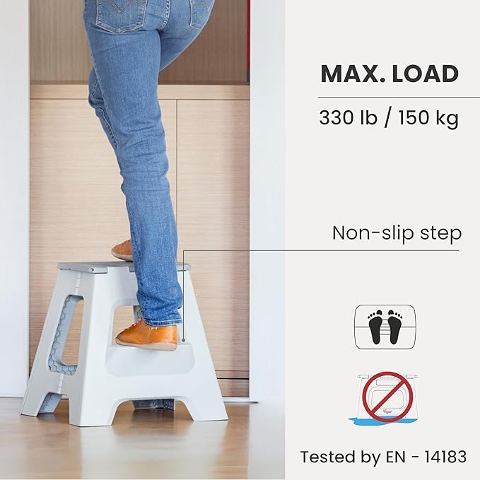 Vigar Compact Step Stool Foldable, 16-inch Two-Step Stools for Adults up to 330 Pound, Lightweight Stool, Non-Slip Folding Step Stool, Gray