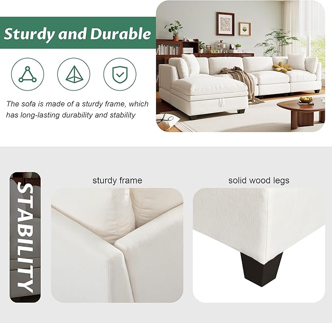 127.6 Inch 5-Seat Modular Convertible Sectional Sofa with Removable Storage Ottoman and 2 Hidden Cupholder, L-Shaped Upholstery Corner Couch for Living Room Apartment Office, Beige