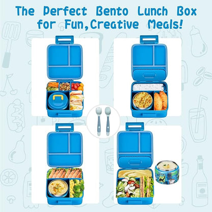 Bento Lunch Box for Kids With 8oz Soup thermo,Leak-proof Lunch Containers with 5 Compartment,thermo Food Jar and Lunch Bag, Food Containers for School (A-Blue(Dinosaur))