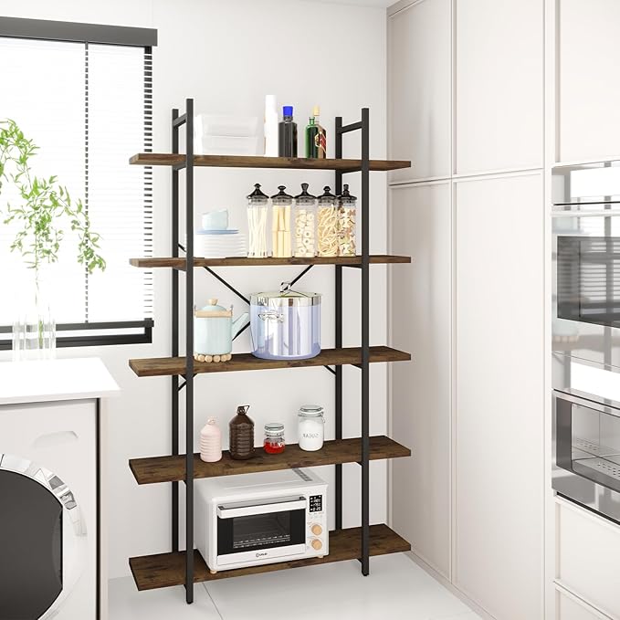 5 Tiers Bookshelf Organizer Industrial Shelf,Modern Open Display Storage Bookcase,Rustic Brown and Metal Bookshelf Standing Storage Shelf Tall Shelving Units for Home Office Study.