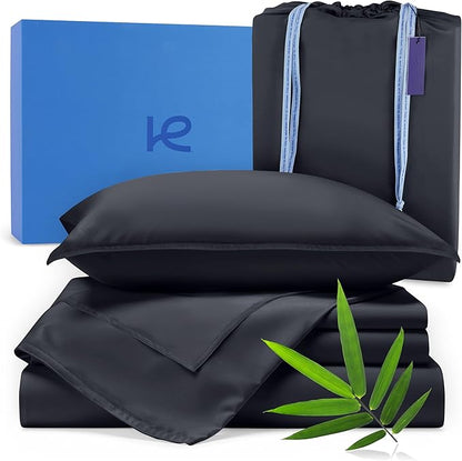 Kickoff Viscose Bamboo Sheets California King Size 4-pc 100% Organic Bamboo Viscose Bed Cooling Sheets Cal King Set Cool Bedding for hot Sleepers Sheet, Flat, Fitted, Pillowcases (Onyx Black, CK)