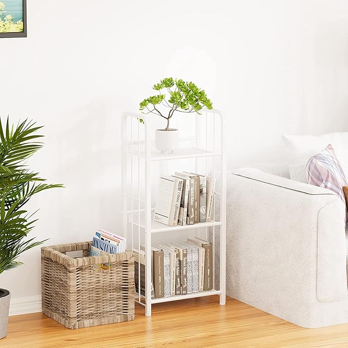 Bookshelf Storage Shelf Small Bookcase Freestanding Storage Stand for Living Room, Bedroom, Kitchen Rust Resistance, Easy Assembly Free Combination Multi-Functional Organizer (3 Tiers, White)