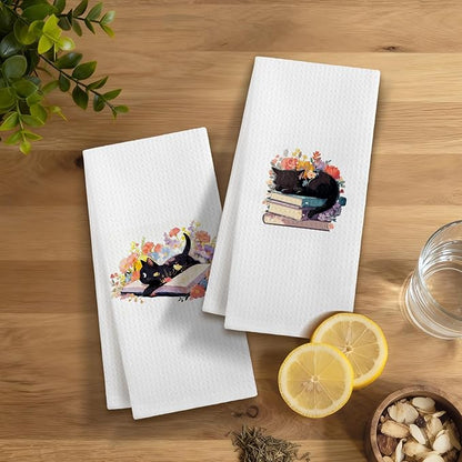 Floral Bookish Black Cat Kitchen Dish Towels, Gifts for Books Lovers Reader, Black Cat Gifts for Women Decorative Hand Tea Towels for Bathroom Kitchen, 16x24 Inches Set of 2