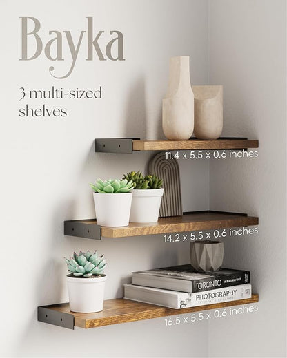 BAYKA Wall Shelves for Bedroom Decor, Floating Wall Shelves for Living Room Kitchen Storage, Wall Mounted Rustic Wood Floating Shelves for Kids Books, Corner Shelf for Bathroom(Rustic Brown，Set of 4)
