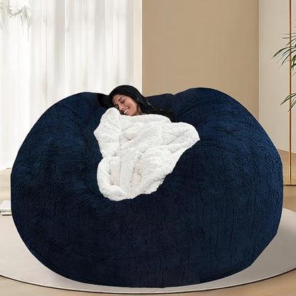 BCU Oversized Bean Bag Cover Comfy Beanbag Chair for Adults Without Filler Faux Fur Floor Chair Lazy Sofa Cover Comfy for Living Room Chairs, Dark Blue, 5FT