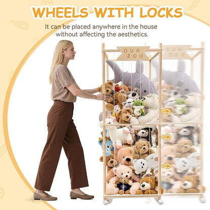 Stuffed Animal Storage Zoo with Wheels, Wooden Large Stuff Animals Plushies Holder Toy Organizer Kids Plush Storage Cage with Elastic Band and Net for Nursery Playroom Corner for Toddler