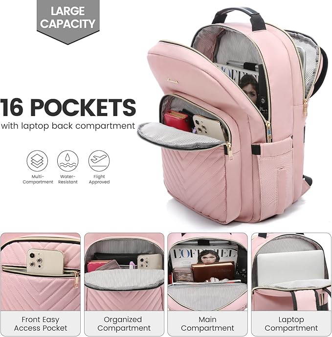 LOVEVOOK Laptop Backpack for Women 15.6 inch,Cute Womens Travel Purse,Professional Laptop Computer Bag,Waterproof Work Business College Teacher Bags Carry on Backpack with USB Port,Pink