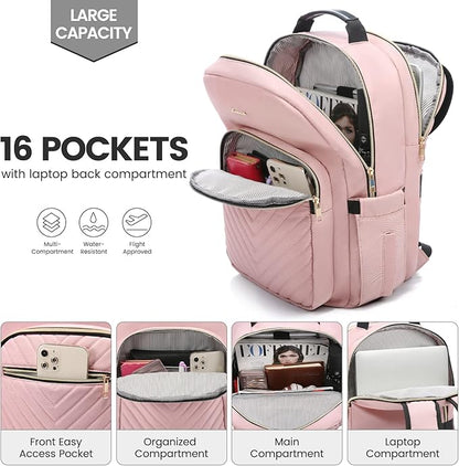 LOVEVOOK Laptop Backpack for Women 15.6 inch,Cute Womens Travel Purse,Professional Laptop Computer Bag,Waterproof Work Business College Teacher Bags Carry on Backpack with USB Port,Pink