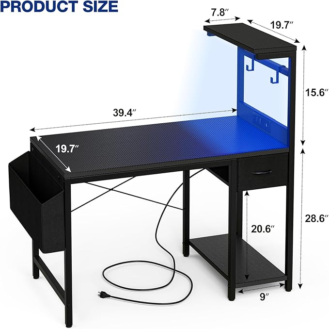 Gaming Desk 40 Inch with Power Outlet and LED Light, Computer Desk with Reversible Shelves and Storage Drawer, Pc Small Desk for Home Office Table with Bag, Carbon Fiber Black