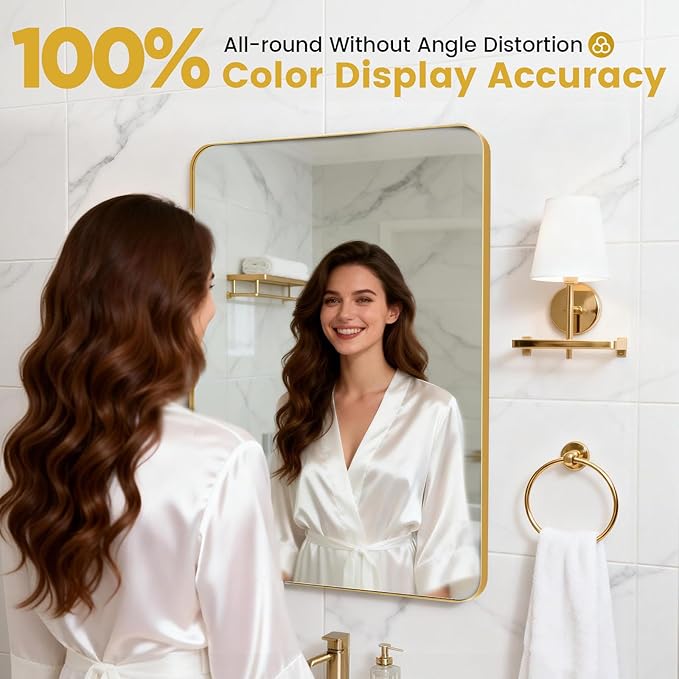 36"X36" Large Gold Metal Framed Bathroom Mirror for Wall, Large Mirrors for Spacious Rooms,Gold Rounded Rectangle Mirror, Brushed Gold Bathroom Vanity Mirror Farmhouse, Anti-Rust, Tempered Glass