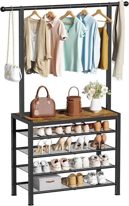 Hall Tree, Entryway Shoe Rack with Coat Rack, 5 Tier Adjustable Shoe Storage with 45.7" Long Coat Rack for Front Door, Garage, Closet, Freestanding, Industrial, Rustic Brown and Ink Black