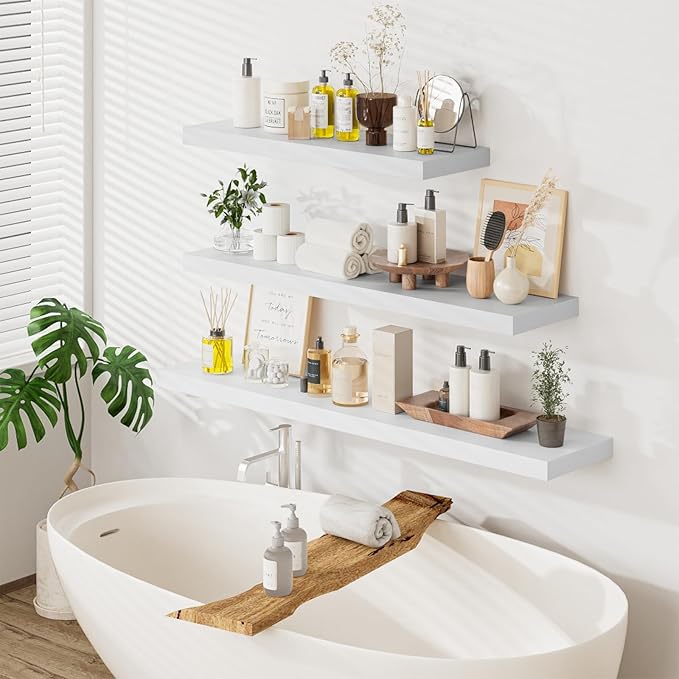 Heimlove 55 x 12 inch Extra Long Floating Shelves for Wall, 12 Inch Deep Floating Shelves, Large Display Shelf & Storage Shelf for Living Room Bedroom Kitchen Home Office, Set of 2, White