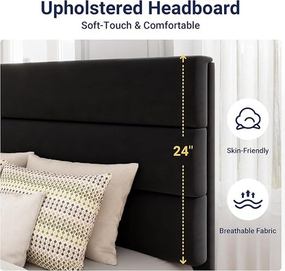 Allewie Twin Size Platform Bed Frame with Velvet Upholstered Headboard and Wooden Slats Support, Fully Upholstered Mattress Foundation/No Box Spring Needed/Easy Assembly, Black