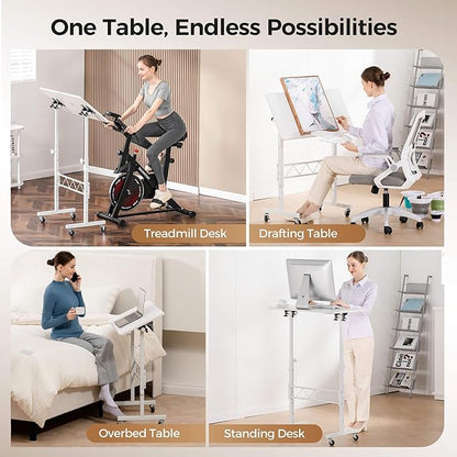 COMHOMA Small Standing Desk Adjustable Height & Tiltable Tabletop, Mobile Stand Up Desk for Laptop, Portable Computer Table for Home Office Work and Walking Pad Treadmill, Height 30.7"-46.4", White