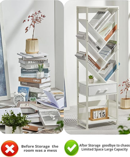 Bookshelf with Drawer,10 Tier Tree Bookcase Retro Floor Standing Bookshelves,Tall Wood Bookcases with Cabinet Storage Organizer for Living Room, Bedroom & Home Office, White