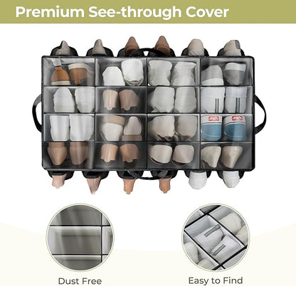 Shoe Organizer for Closet, Shoe Storage Solution with Clear Cover & Adjustable Dividers, Fabric Shoe Box Fits 16 +12 Pairs Shoes, Black, 1-Pack