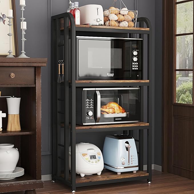 Microwave Oven Stand with Storage 4 Tiers, Free Standing Microwave Oven Stand Coffee Bar Adjustable Kitchen Shelves Kitchen Storage Shelf Rack Bakers Racks for Kitchens(Brown)