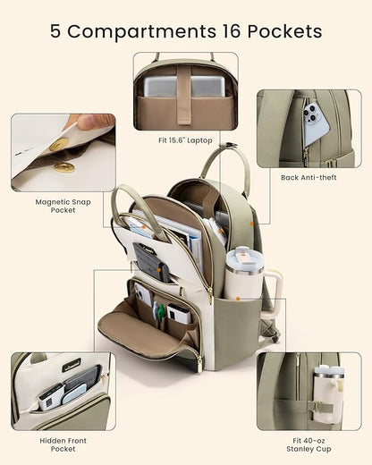 LOVEVOOK Laptop Backpack for Women with Giant Tumbler Holder Pocket, 15.6 inch Travel Work Backpack Purse for Teacher Nurse, Waterproof College Book Bag Cute Casual Daypack, Beige-Nude