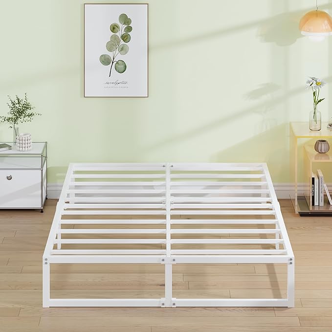 EMODA 12 Inch California King Bed Frame, Metal Platform White Bed Frame No Box Spring Needed, Heavy Duty Steel Slats Support, Easy Assembly, Noise Free