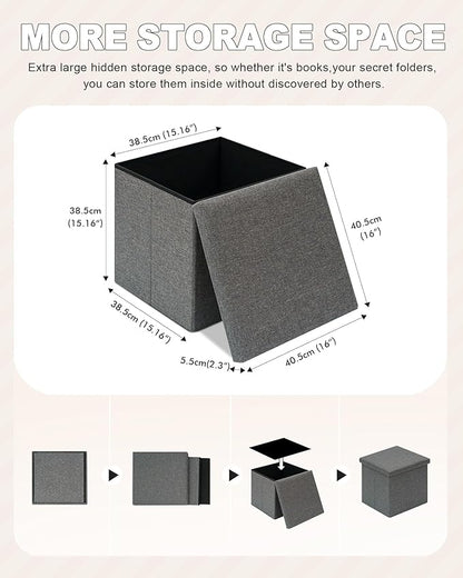 B FSOBEIIALEO Storage Ottoman with Tray, Small Ottomans Cube Folding Coffee Table Foot Stool Footrest Seat, Dark Grey Linen 16"X15.7"x15"