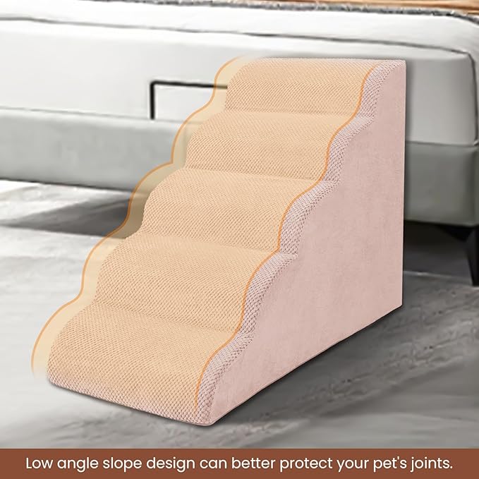 5 Steps Dog Stairs for Bed, 24" Dog Steps for High Bed, High Density Pet Steps for Small Dogs, Extra Wide Non-Slip Dogs Ramp for Injured, Older Pets, Small Cats, Pink