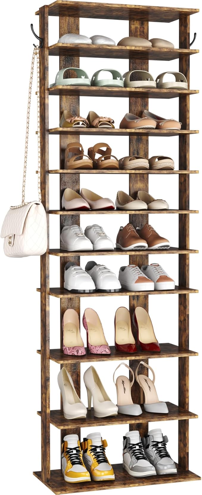 HOMEFORT 10-Tier Vertical Shoe Rack, Corner Shoe Tower, Double Rows 10 Tiers Shoe Shelf, Slim Shoe Storage Unit for 20 Pairs of Shoes, Shoe Stand for Entryway, Hallway, Closet (Rustic Brown)