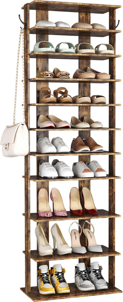 HOMEFORT 10-Tier Vertical Shoe Rack, Corner Shoe Tower, Double Rows 10 Tiers Shoe Shelf, Slim Shoe Storage Unit for 20 Pairs of Shoes, Shoe Stand for Entryway, Hallway, Closet (Rustic Brown)