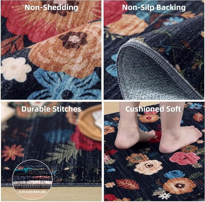 Washable Small Entryway Area Rugs: 2'x3' Floral Rug Non Slip Door Mat Indoor Entrance Stain Resistance Low Pile Throw Rugs for Inside Front Door Floor Bedroom Bedside Kitchen Nursery Kids Room Entry