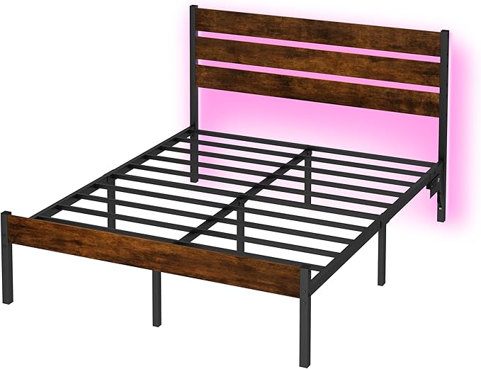 Full Size Bed Frame with Headboard,Heavy Duty LED Bed Frame with USB Charging Station,Mattress Foundation-Under Bed Storage, No Box Spring Needed, Noise Free,Brown